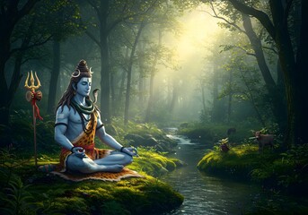 Lord Shiva Meditating in Forest  Serene God, Hinduism, River, Nature, Spirituality, Peace, Yoga, Meditation.