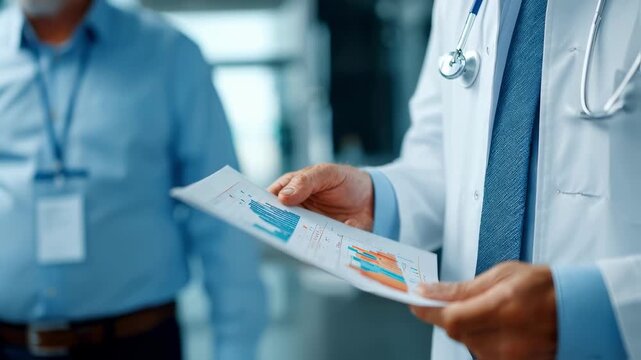 Medium shot of a coach in a white coat reviewing a detailed epigenetic age graph with a patient the surrounding space blurred to keep focus on critical health data.