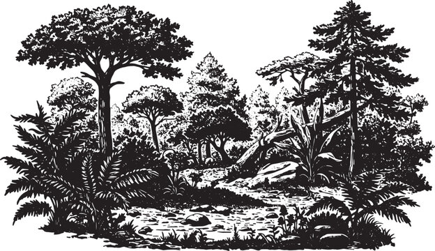 Detailed depiction of a lush forest with varied trees in a vinta