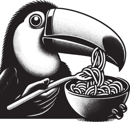 Naklejka premium A playful black and white illustration of a toucan enjoying a meal of spaghetti with a fork