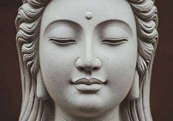 Obraz premium CloseUp Stone Statue of Buddha with Closed Eyes, Serene Expression, Religious Art.