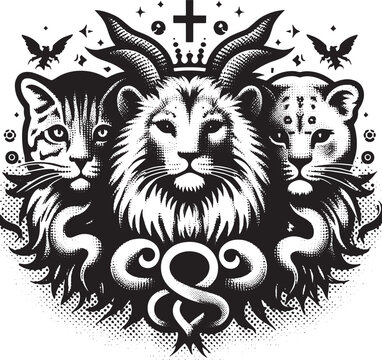 Intricate Black and White Illustration of a Mystical Creature with Feline and Lionine Features
