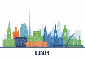 Fototapeta premium Colorful Dublin City Skyline Vector Illustration Isolated on White Background