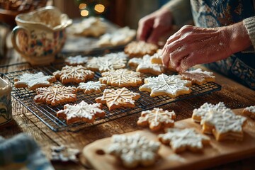 Homemade Christmas cookies with icing on cooling rack