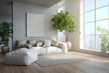 Cozy living space with greenery and Scandinavian style furniture / modern living room