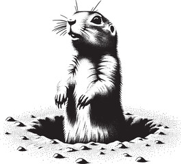 Obraz premium Black and White Illustration of a Curious Prairie Dog Emerging from Its Burrow