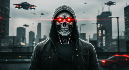 Fototapeta premium Futuristic Cyborg in Dystopian Cityscape