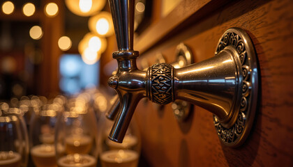 Vintage beer tap handle in rustic bar setting, evening ambiance