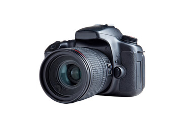 Fototapeta premium Black DSLR Camera with Zoom Lens on Transparent Background