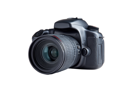 Black DSLR Camera with Zoom Lens on Transparent Background