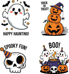 Spooky Halloween Illustrations Ghosts, Pumpkins, Skull, and Bats