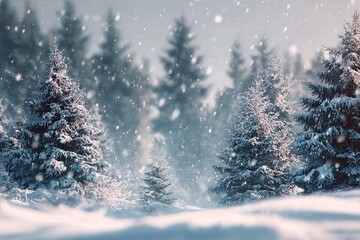 Snow covered pine trees in magical winter forest with falling snowflakes