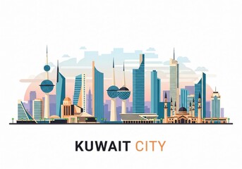 Colorful Kuwait City Skyline Vector Illustration Isolated on White Background