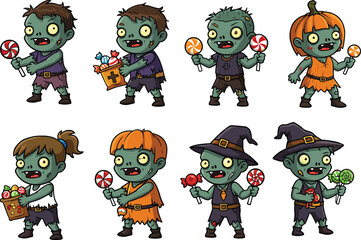 Cartoon Zombie Children with Halloween Costumes and Candy Props in Whimsical Spooky-Themed Poses on White Background for Kids Content