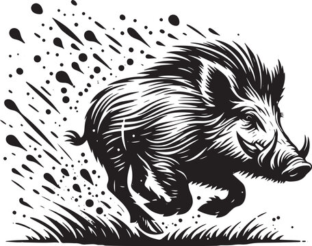 Dynamic black and white illustration of a running wild boar with artistic flair