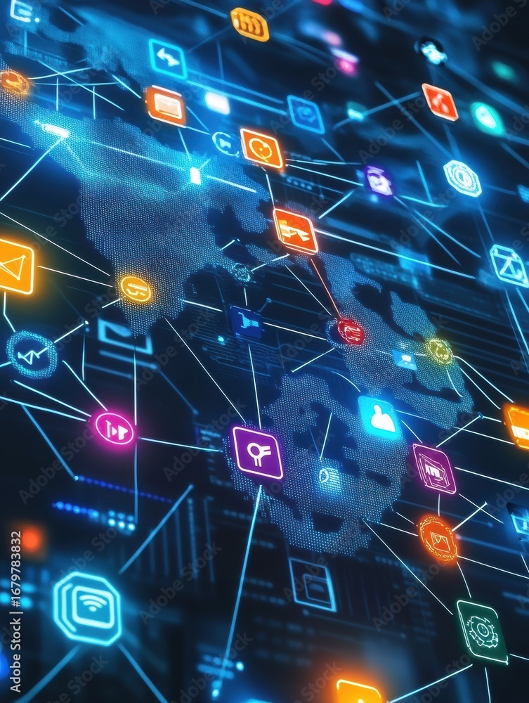 Poster digital connectivity map showcasing vibrant icons representing technology and global communication n