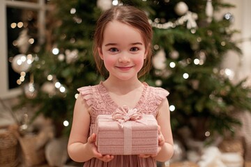 Cute little girl holding Christmas gift in front of tree