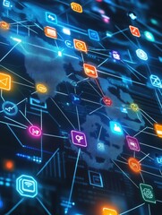 Digital connectivity map showcasing vibrant icons representing technology and global communication networks across a dark background