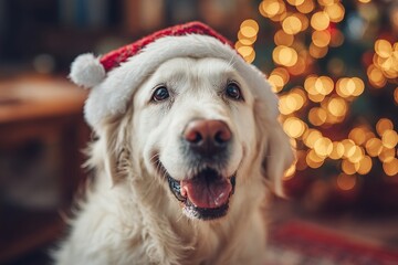 Happy dog wearing Santa hat in front of Christmas tree