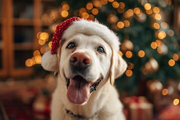 Happy dog wearing Santa hat in front of Christmas tree