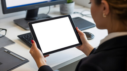 Woman holding a tablet with a blank white screen in an office setting with computer and accessories