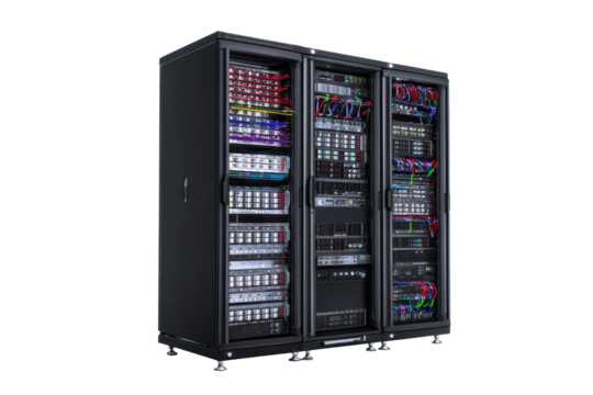 Server Rack with Network Equipment on Transparent Background
