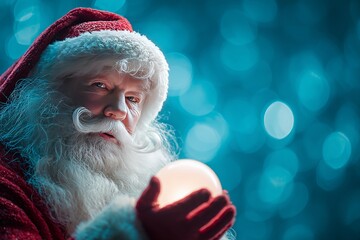 Santa Claus holding glowing Christmas ornament / Traditional Santa holding festive glowing sphere