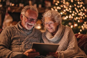 Smiling grandparents looking at tablet by Christmas tree / Happy senior couple using tablet at Christmas