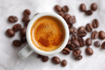 Strong black espresso drink with foam and roasted beans
