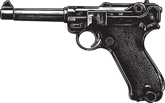 Vintage Luger P08 Pistol Engraving: Detailed Black and White Ill