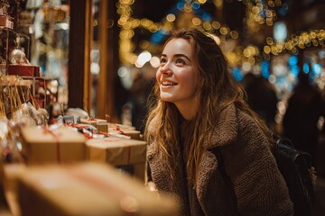Smiling young woman shopping at Christmas market with festive lights / woman in cafe