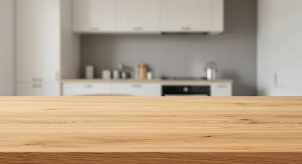 Empty Wooden Table Surface in Modern Kitchen with Blurred Background