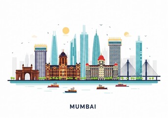 Colorful Mumbai City Skyline Vector Illustration Isolated on White Background