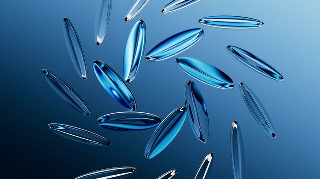 looping 3d animation. Abstract blue aesthetic background. Round glass lenses with reflective surface, floating on air, spin and rotate like a kaleidoscope