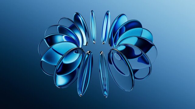 looping 3d animation. Abstract blue aesthetic background. Round glass lenses with reflective surface, floating on air, arranged in the shape of torus, spin and rotate