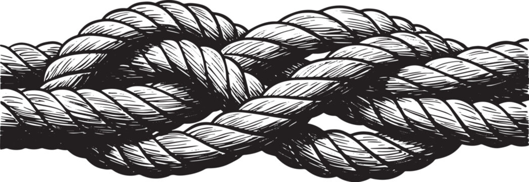 Detailed woodcut illustration of entwined mooring lines on a pla