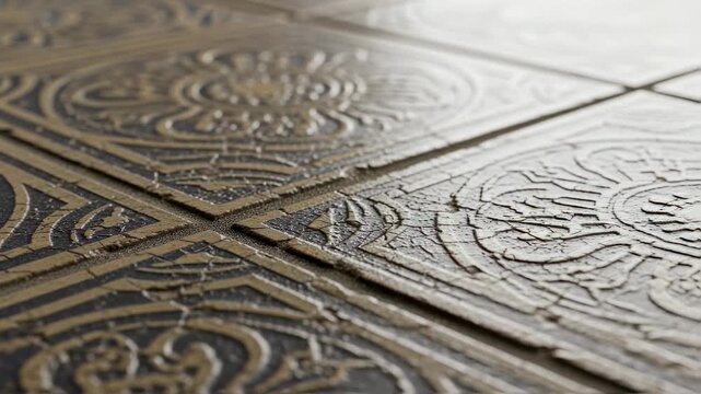 Macro footage highlighting the texture and faded hues of worn vintage tiles before restoration begins emphasizing their ornamental designs.