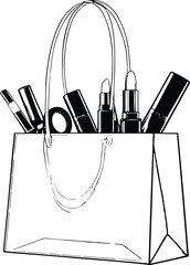 Minimal line art cosmetic shopping bag with makeup products inside, elegant abstract vector outline 3