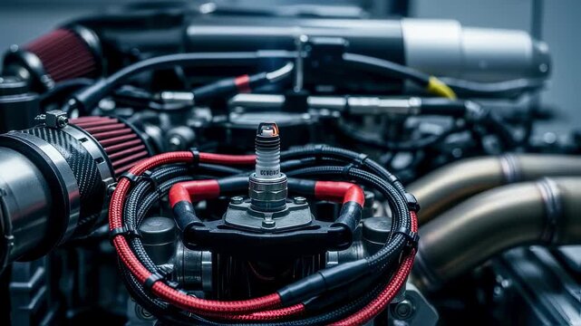 Detailed shot of a spark plug and ignition system during a Formula One engines highspeed dyno test cycle under controlled conditions.