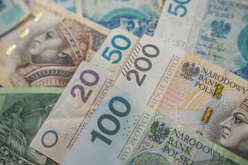 Polish Zloty Banknotes Background – Colorful Money Bills of Poland in Close-Up Macro
