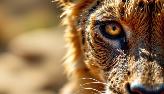 extreme close up on right revealing intricate skin textures and knowing eyes, juxtaposed against a vast, copy space left, Wildlife conservation emphasis