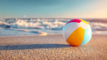 Obraz premium Colorful beach ball resting on sandy shore with ocean waves in the background
