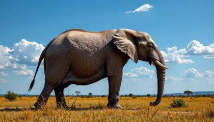 Fototapeta premium A colossal, grey skinned pachyderm, exuding age and wisdom, dominates the savannahs edge beneath an endless azure canvas, Angular planes define its form, breaking its wrinkled hide into sharp