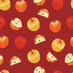 Apples and apple slices seamless pattern on red background. Hand drawn fruit illustration. Healthy food and harvest concept