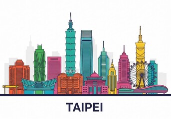Colorful Taipei City Skyline Vector Illustration Isolated on White Background
