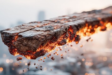A surreal floating landmass of glowing rock, disintegrating over a blurred city.