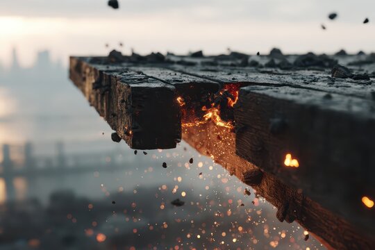 Glowing fractured platform, molten core, fiery sparks above blurred city.