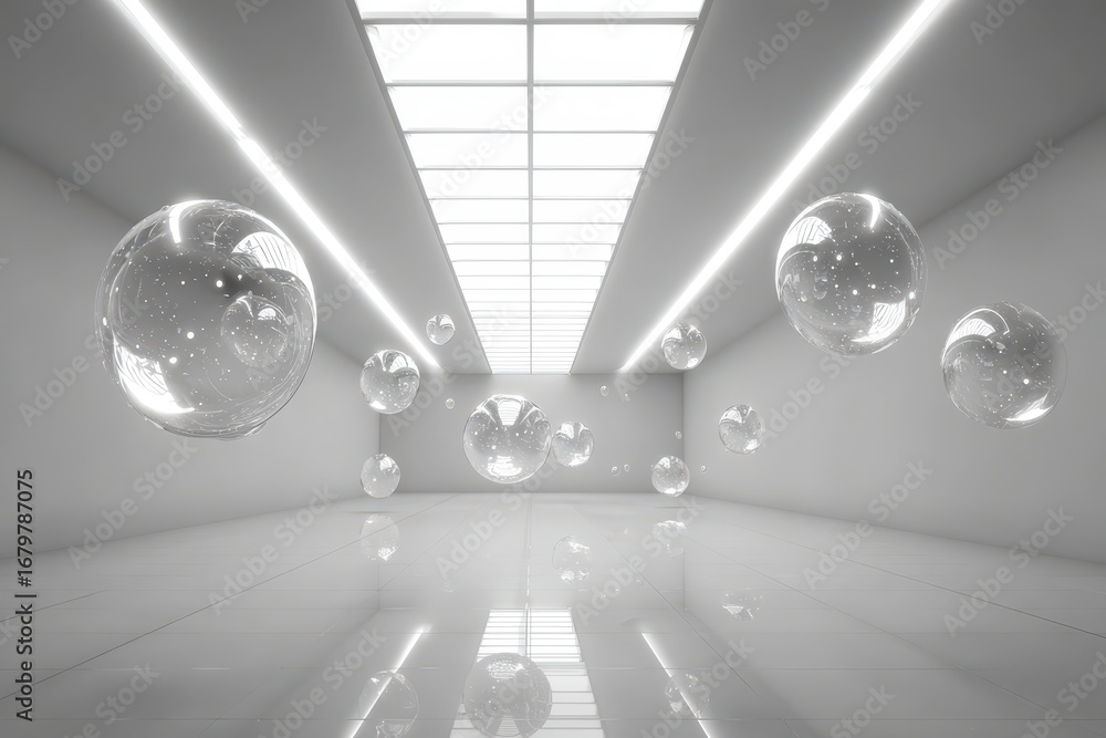 Poster minimalist architectural space featuring luminous ceiling and floating clear orbs.