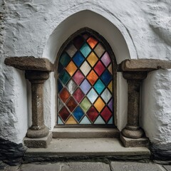 Small arched stained glass window with colorful diamond pattern set in white stone wall with columns