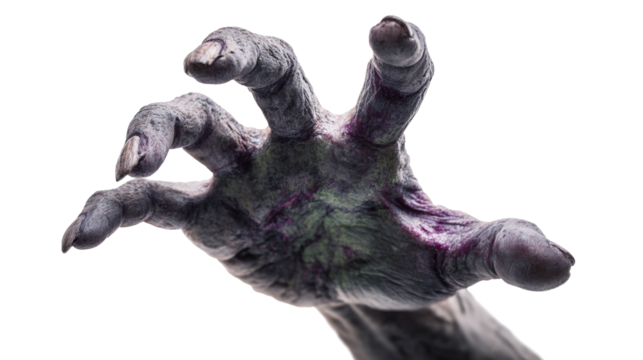 Scary monster on white background, close-up of hand. Halloween character 